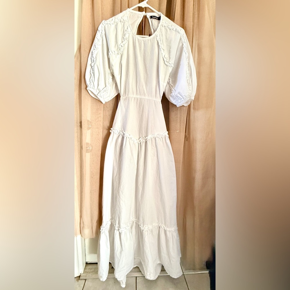 Boohoo Romantic White Tiered Balloon Sleeve Maxi Dress